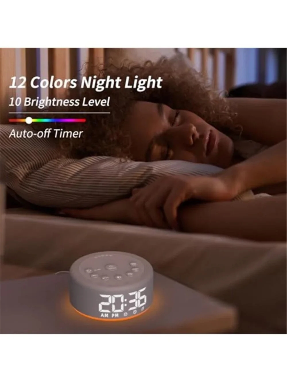 White Noise Sound Machine Alarm Clock Night Light 12 Color Sleep Aid 30 Sounds